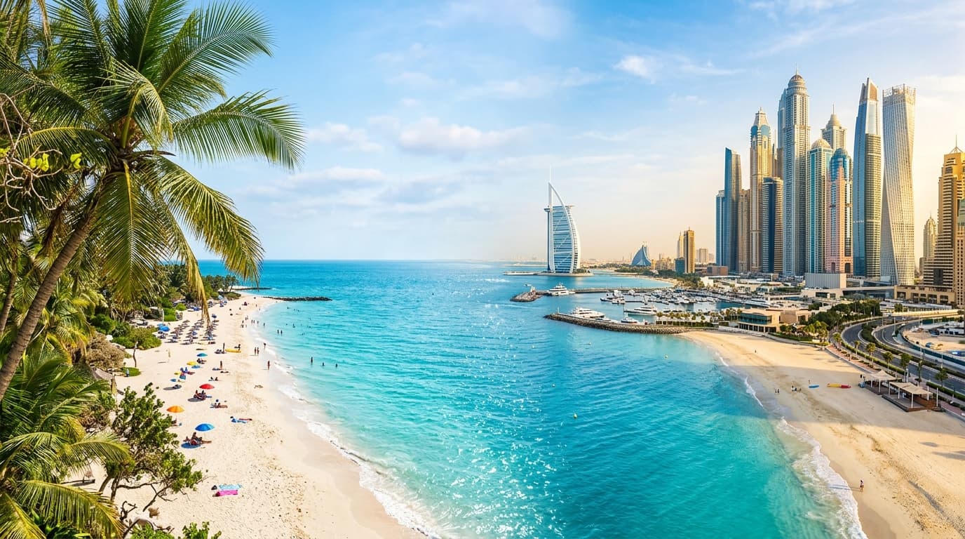 Tropical beach, palm trees, and modern skyline