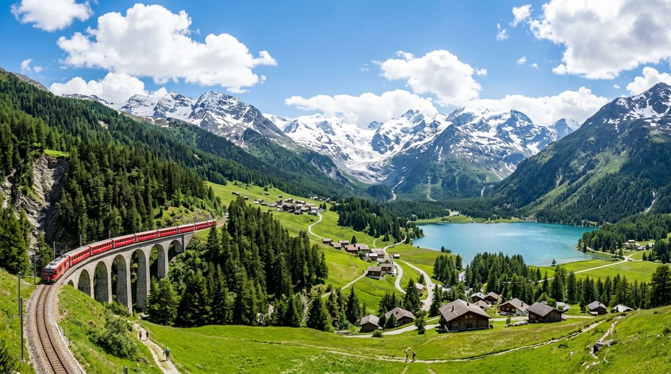 Swiss Alps scenic train and alpine landscape